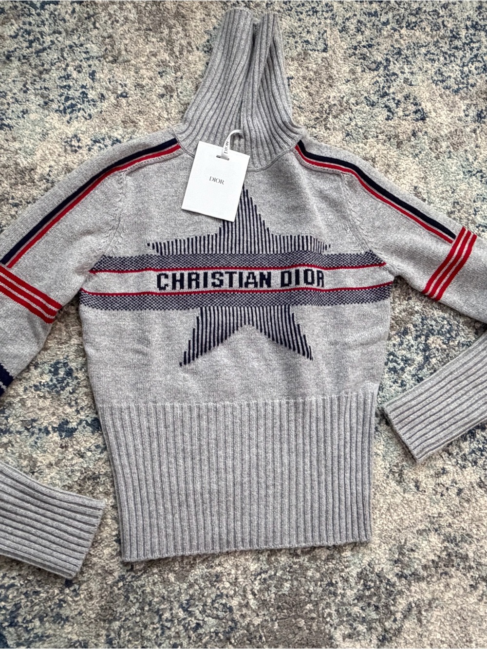 Dior Gray Wool Turtleneck Sweater with Navy and Red Trim